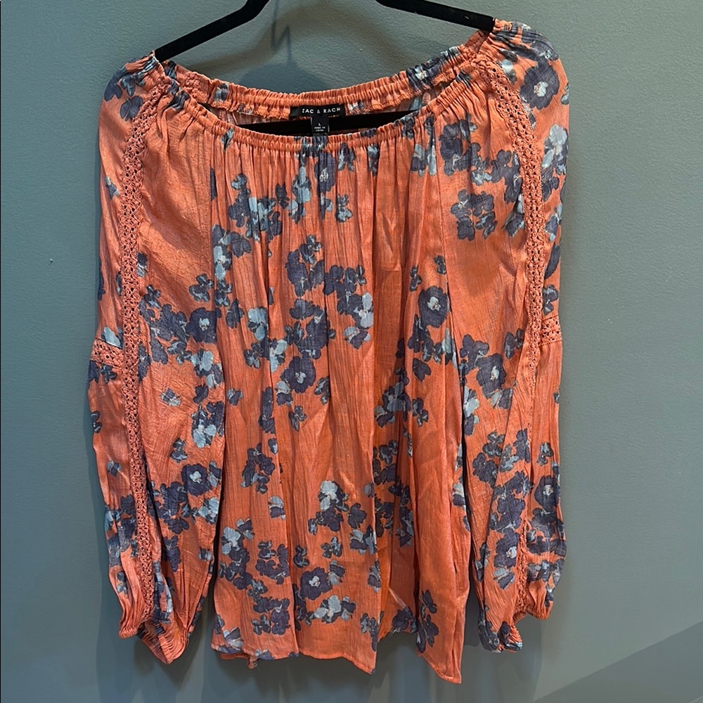 Zac & Rachel Orange Blue Long Sleeve Pleated Blouse